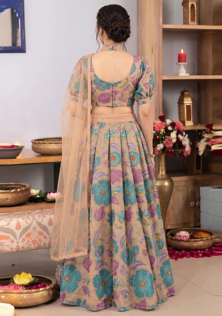 Beige Printed Organza Lehenga Set - Indya