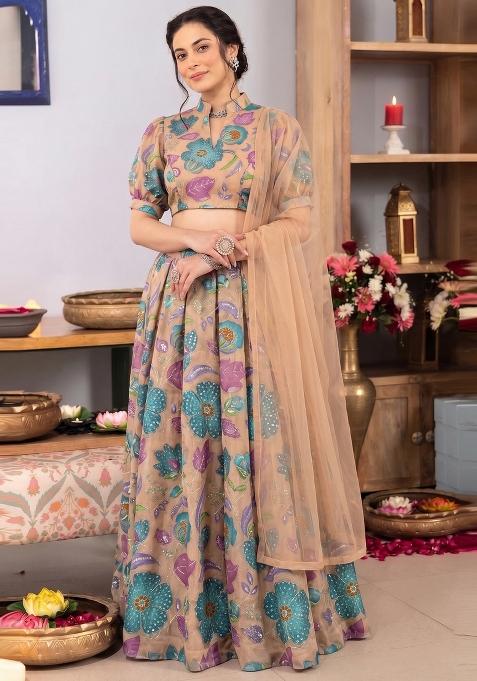 Beige Floral Print Organza Lehenga Set