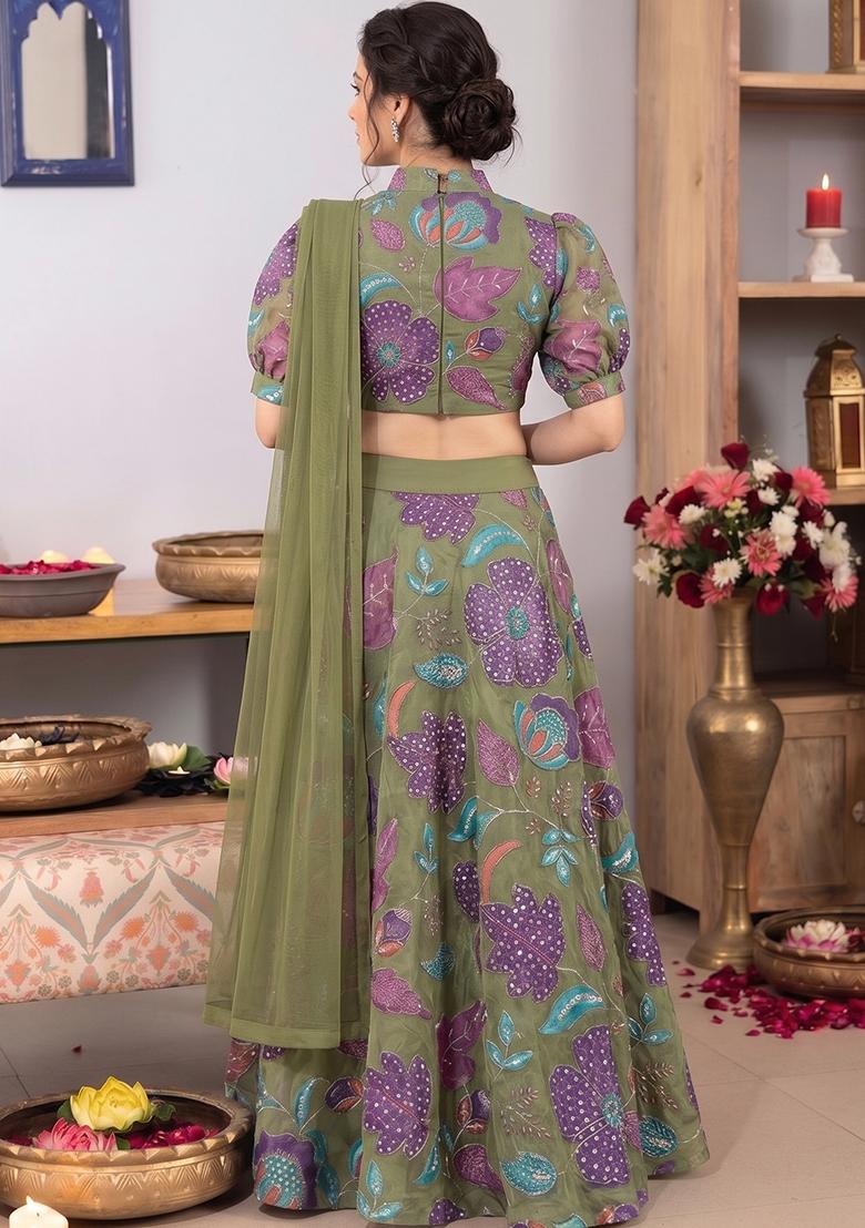 Olive Printed Organza Lehenga Set - Indya