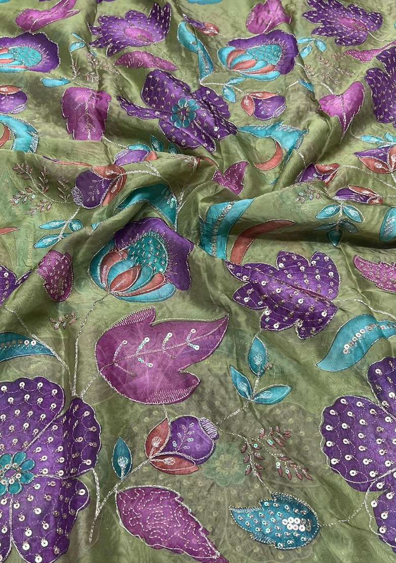 Olive Printed Organza Lehenga Set - Indya