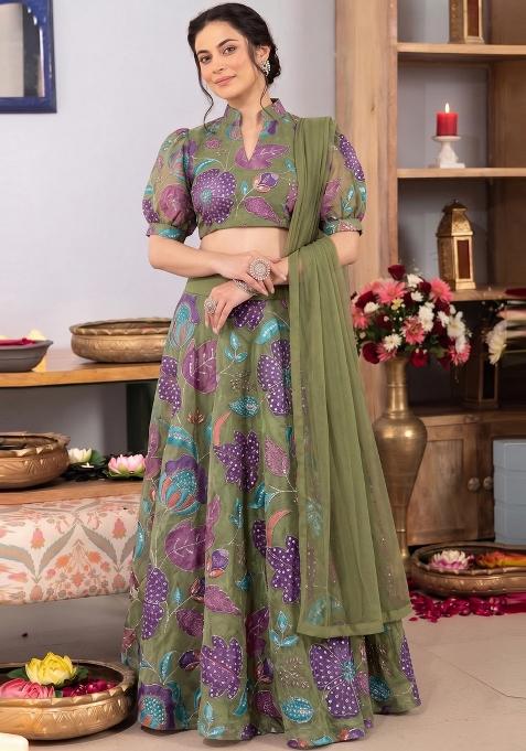 Olive Printed Organza Lehenga Set