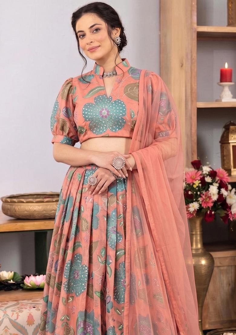Peach Printed Organza Lehenga Set - Indya