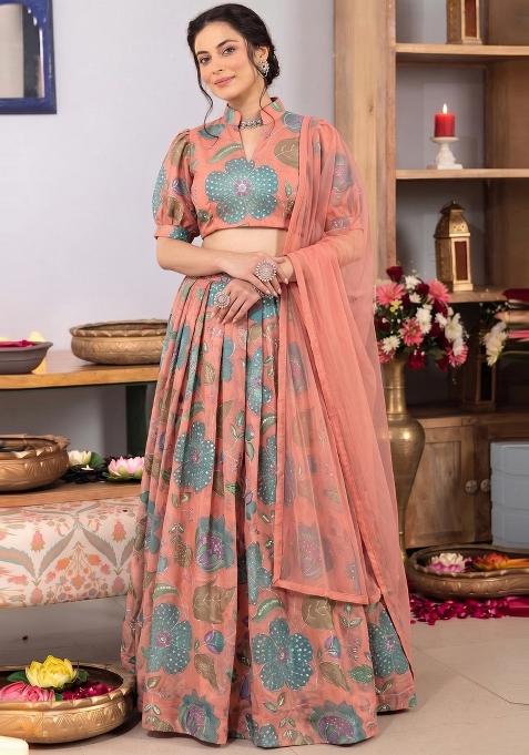 Peach Printed Organza Lehenga Set