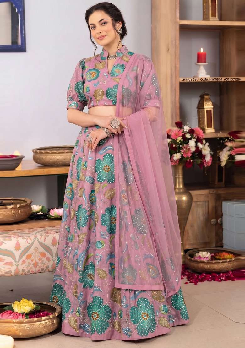 Dusty Pink Printed Organza Lehenga Set - Indya