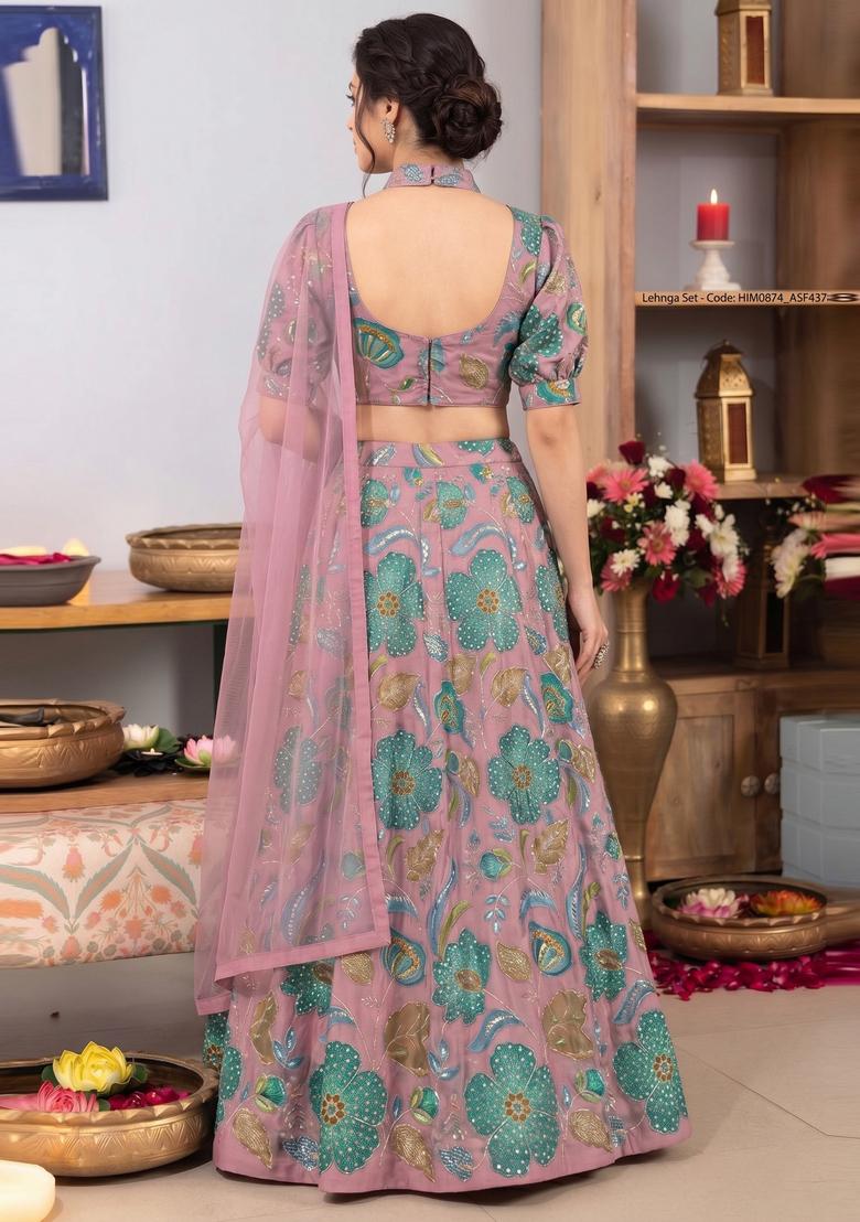Dusty Pink Printed Organza Lehenga Set - Indya