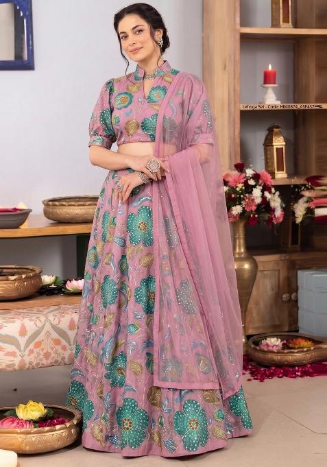 Dusty Pink Floral Print Organza Lehenga Set