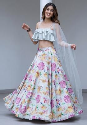 Off White Printed Satin Lehenga Set