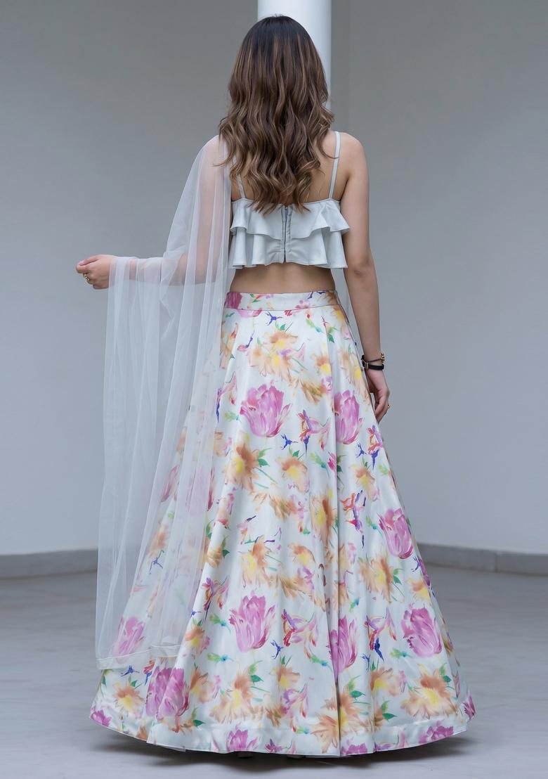 Off White Printed Satin Lehenga Set - Indya