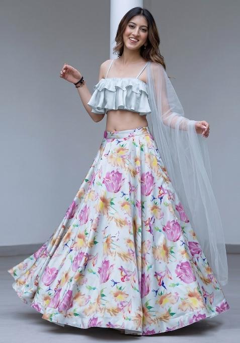 Off White Floral Print Satin Lehenga Set
