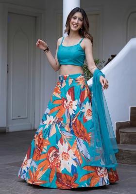 Teal Printed Satin Lehenga Set