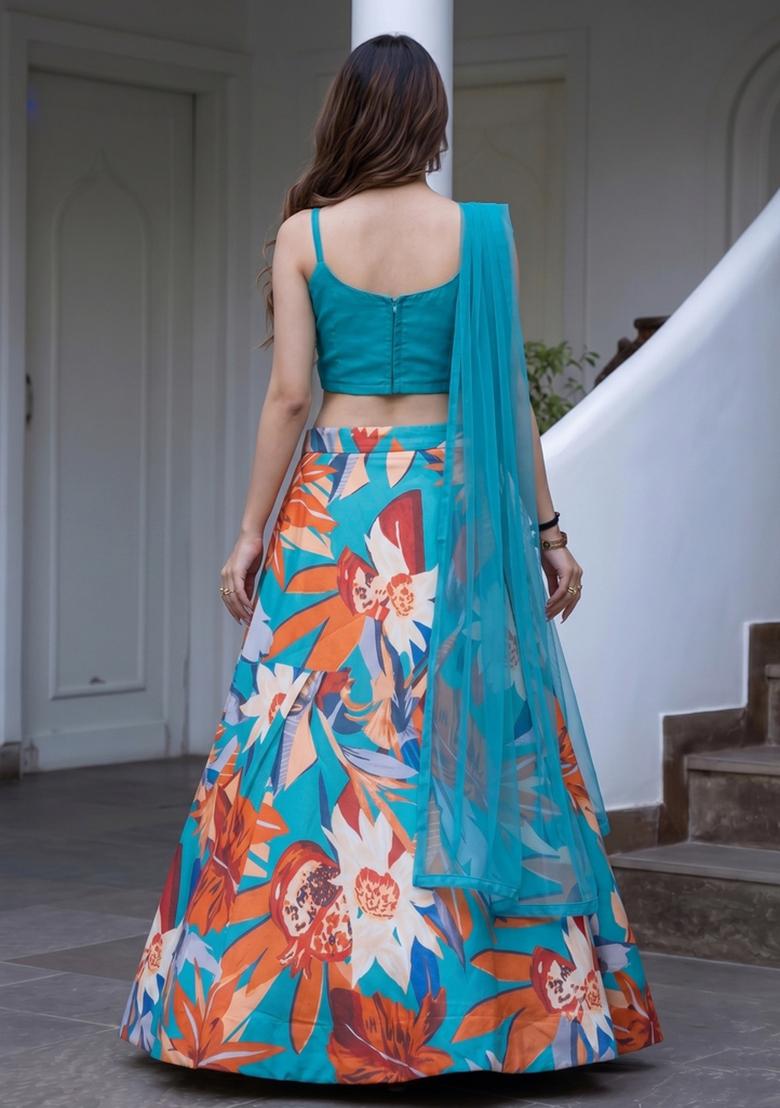 Teal Printed Satin Lehenga Set - Indya