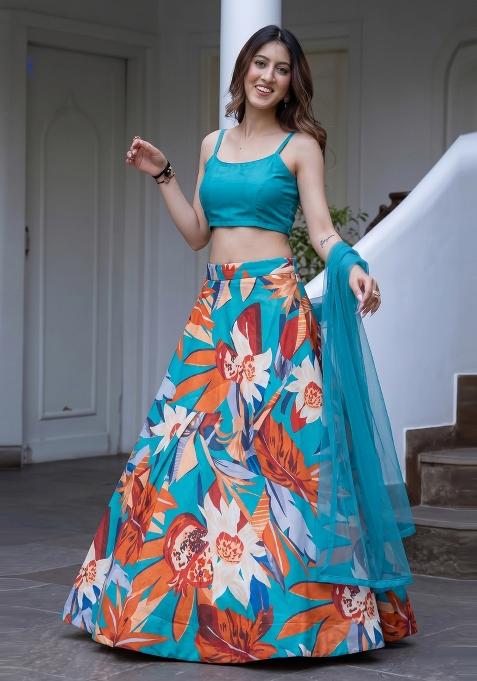Teal Floral Print Satin Lehenga Set