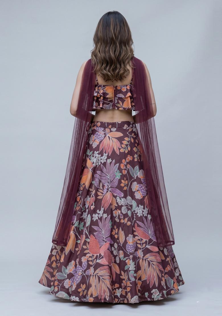 Wine Printed Satin Lehenga Set - Indya