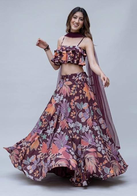 Wine Floral Print Satin Lehenga Set