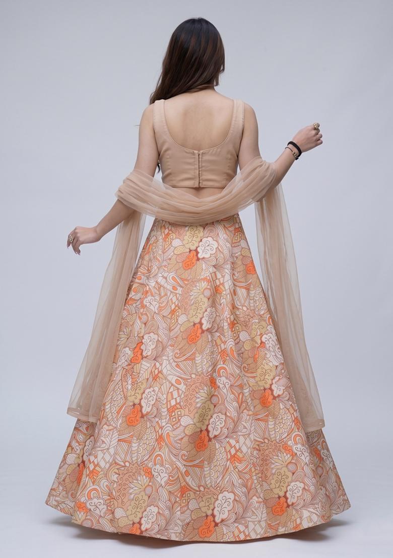 Nude Printed Satin Lehenga Set - Indya