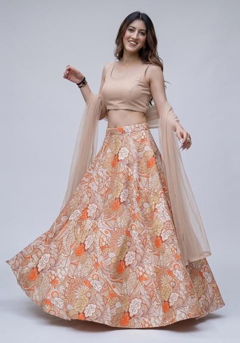 Nude Abstract Print Satin Lehenga Set