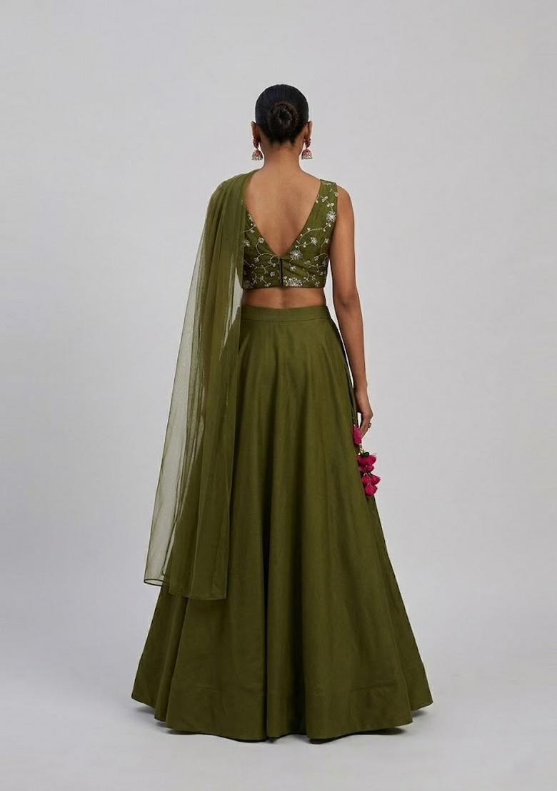 Olive Green Embroidered Silk Lehenga Set - Indya