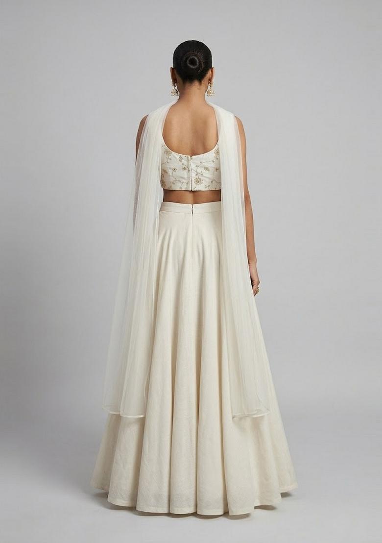 Off-White Embroidered Silk Lehenga Set - Indya