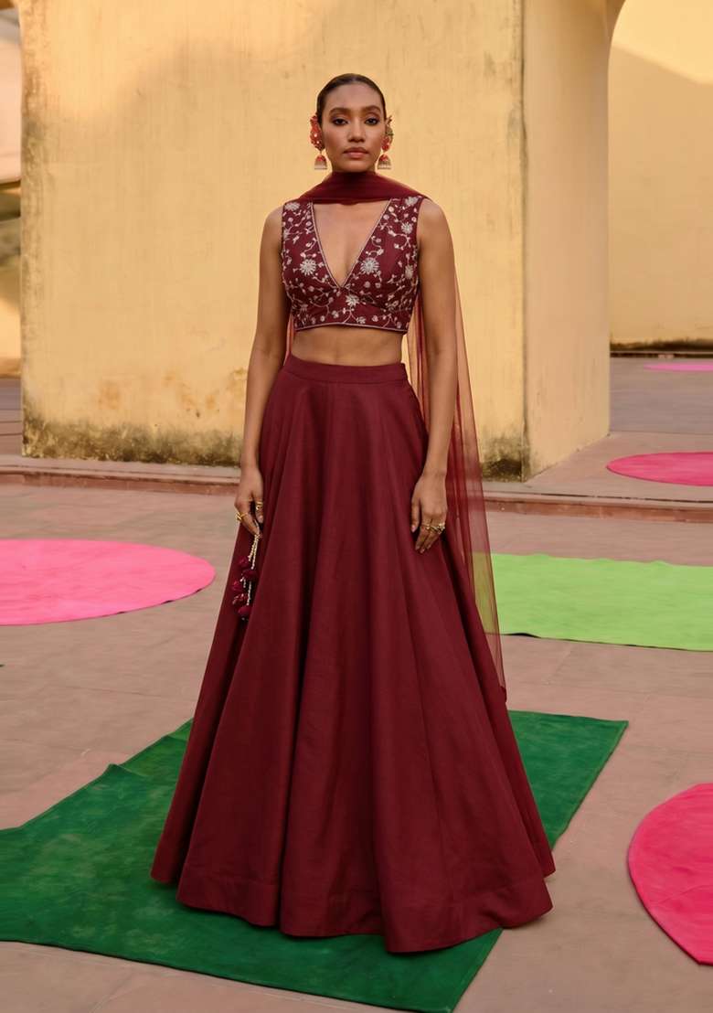 Maroon Embroidered Silk Blend Lehenga Set - Indya