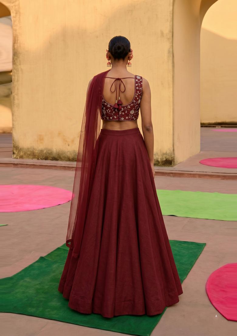 Maroon Embroidered Silk Blend Lehenga Set - Indya