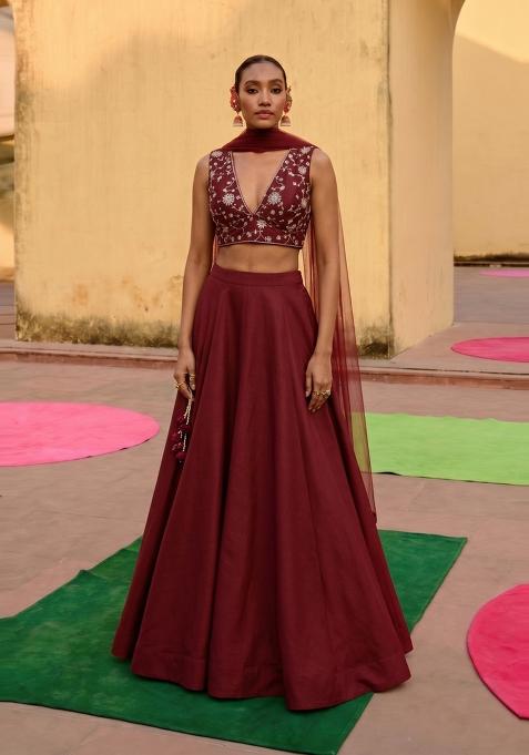 Maroon Embroidered Silk Lehenga Set