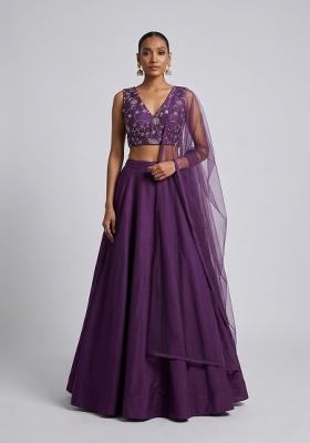 Purple Embroidered Silk Blend Lehenga Set