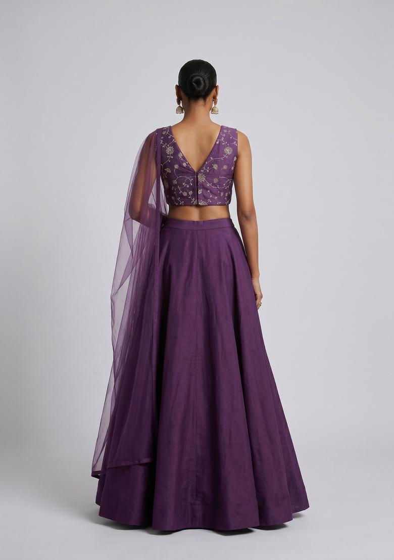 Purple Embroidered Silk Blend Lehenga Set - Indya