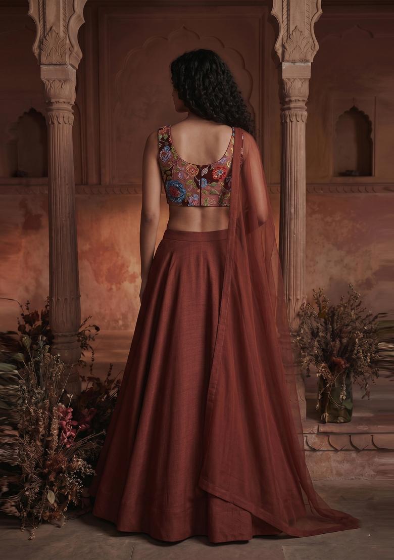Rust Printed Crepe Lehenga Set - Indya