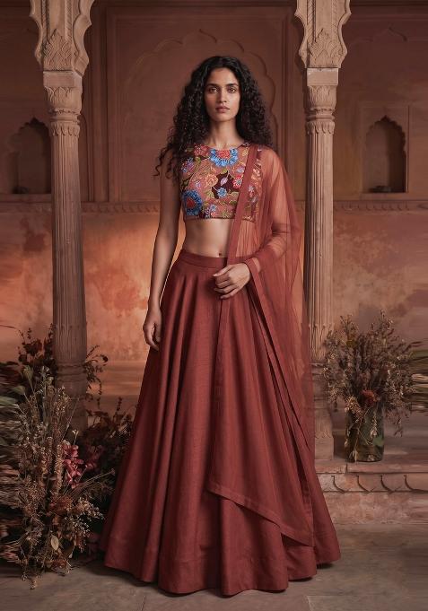 Rust Printed Crepe Lehenga Set