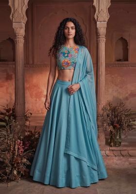 Turquoise Blue Printed Crepe Lehenga Set