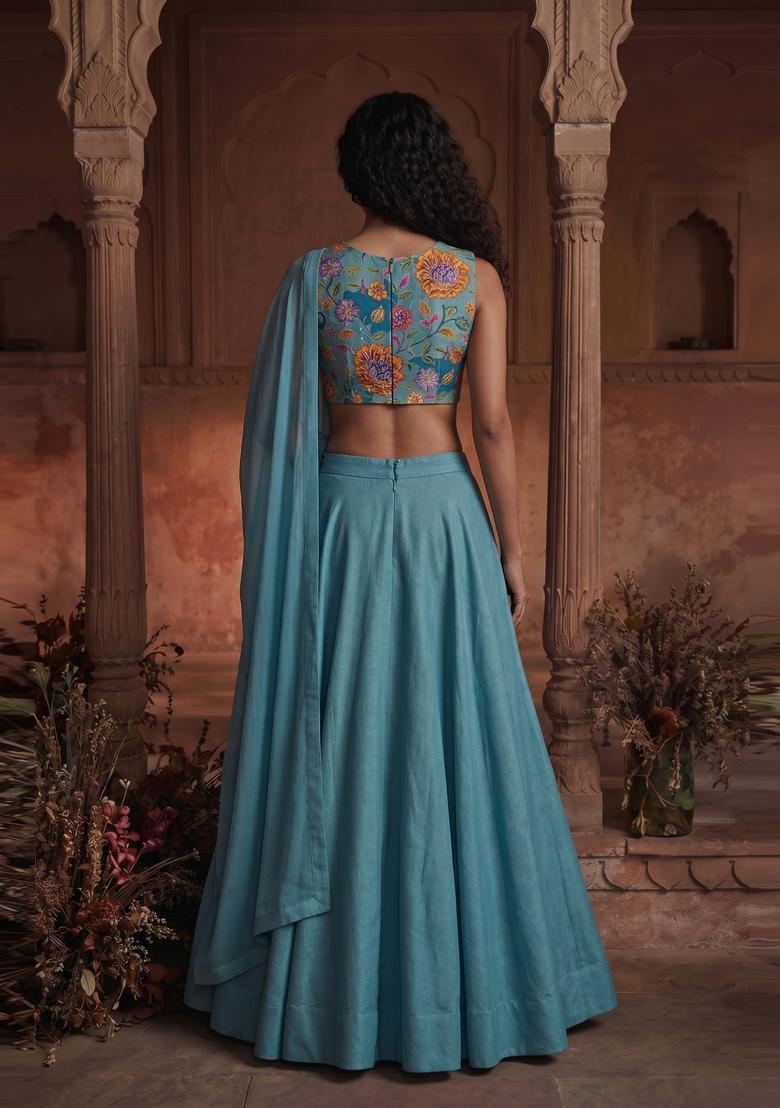 Turquoise Blue Printed Crepe Lehenga Set - Indya