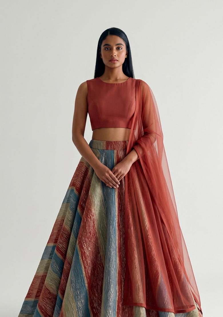 Multicolor Embroidered Tissue Lehenga Set - Indya