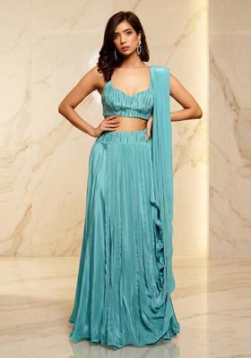 Turquoise Blue Embroidered Handwork Lehenga Set