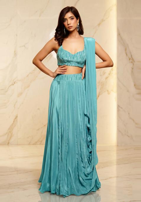 Turquoise Blue Embroidered Handwork Lehenga Set
