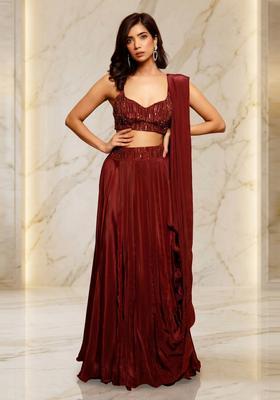 Deep Maroon Embroidered Handwork Lehenga Set