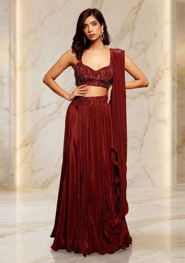 Deep Maroon Embroidered Handwork Lehenga Set - Indya