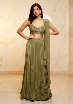 Olive Green Embroidered Handwork Lehenga Set