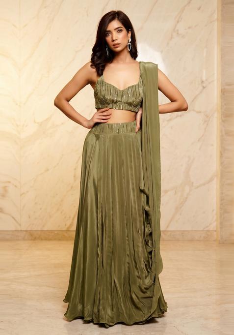 Olive Green Embroidered Handwork Lehenga Set