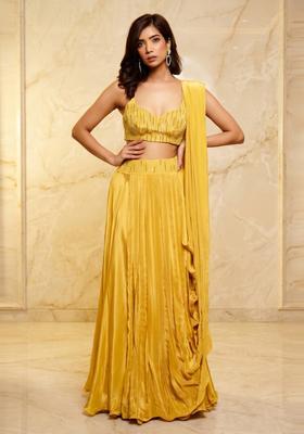 Mustard Yellow Embroidered Handwork Lehenga Set