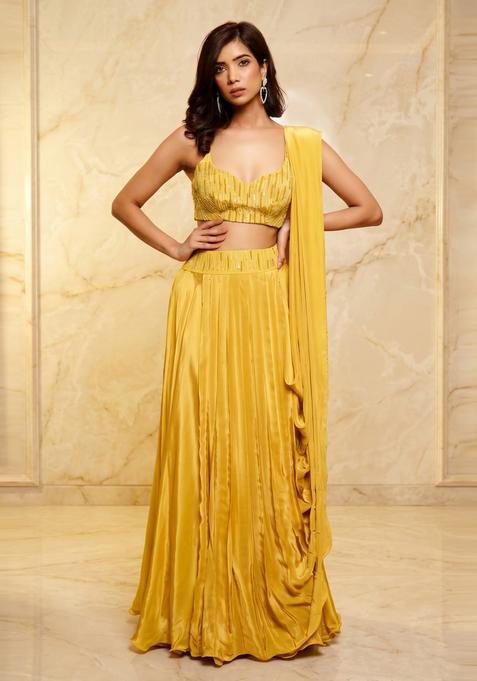Mustard Yellow Embroidered Handwork Lehenga Set
