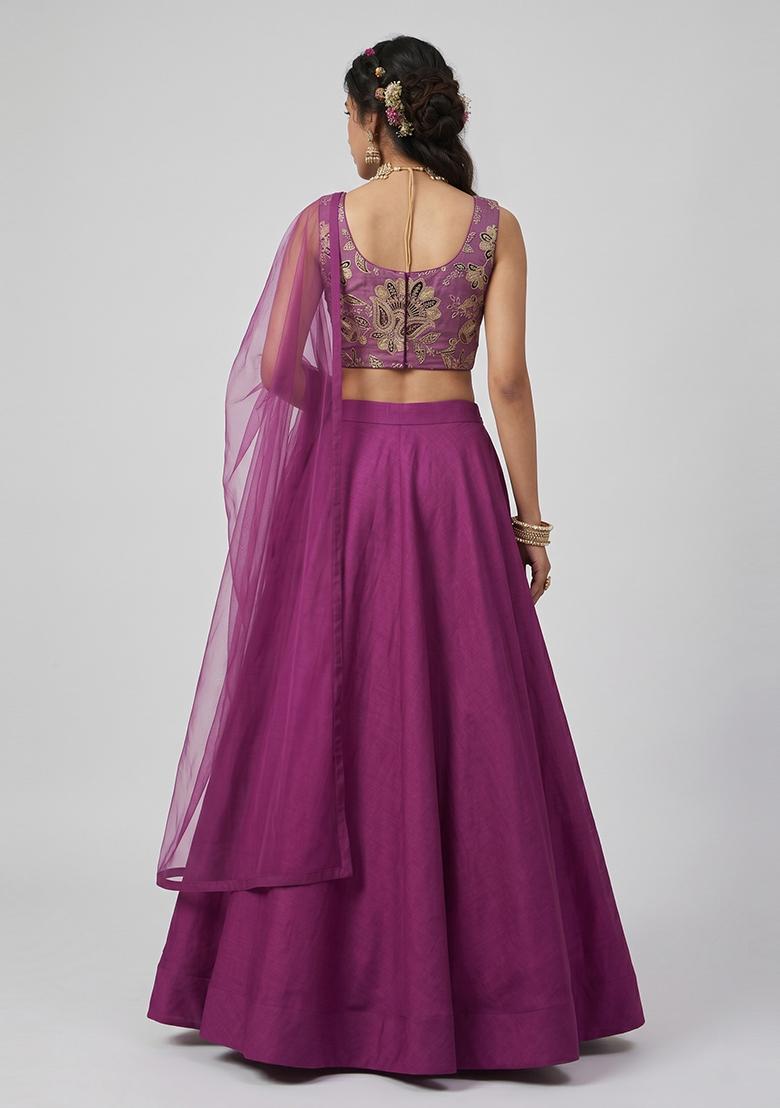 Magenta Embroidered Crepe Lehenga Set - Indya