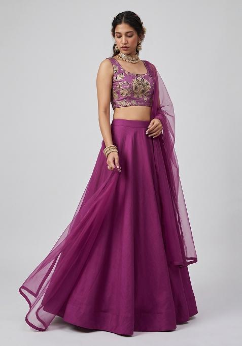 Magenta Embroidered Crepe Lehenga Set