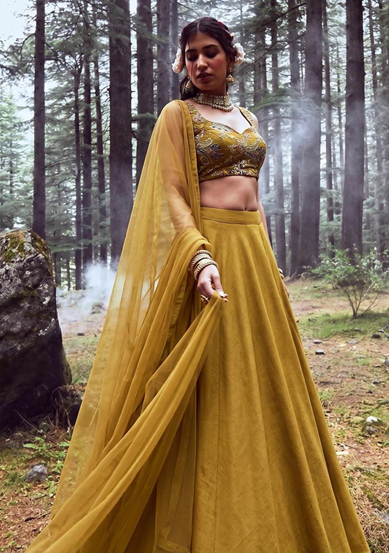 Muatard Embroidered Crepe Lehenga Set - Indya