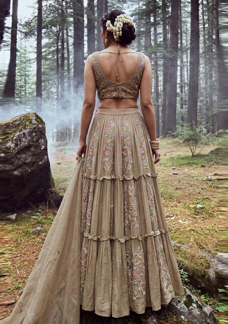 Beige Embroidered Crepe Lehenga Set - Indya