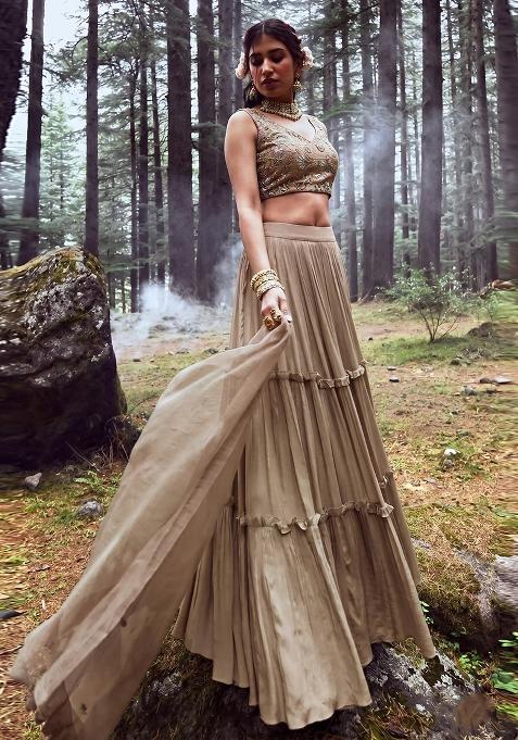 Beige Embroidered Crepe Lehenga Set
