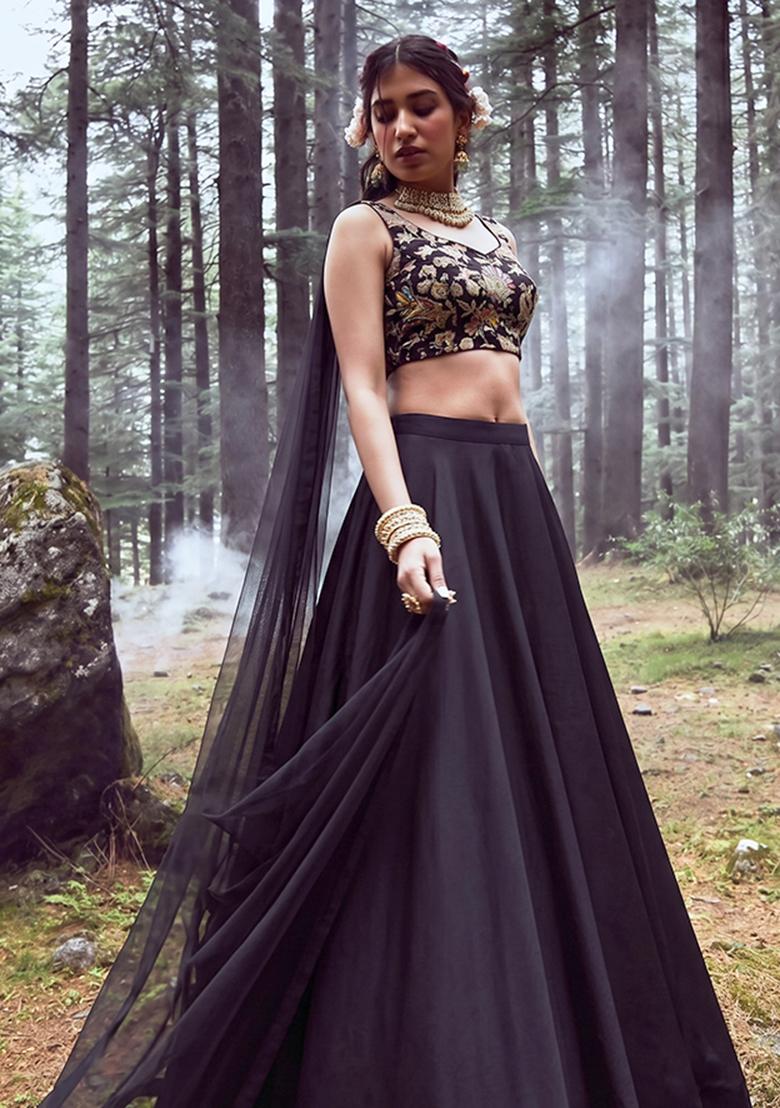 Black Embroidered Crepe Lehenga Set - Indya