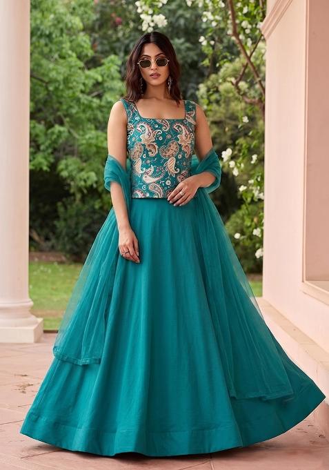 Teal Blue Printed Crepe Lehenga Set