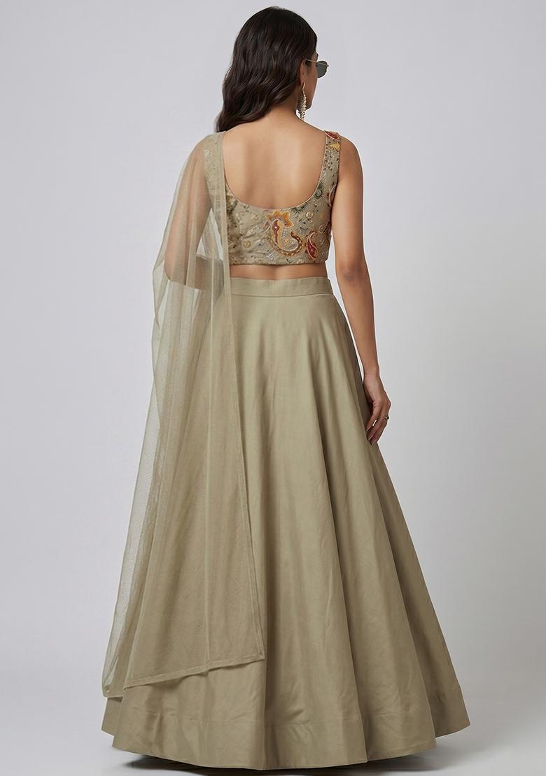 Sand Beige Printed Crepe Lehenga Set - Indya
