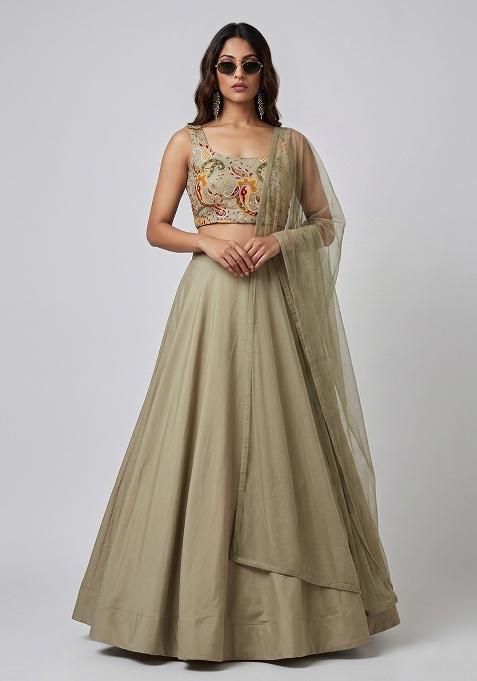 Sand Beige Printed Crepe Lehenga Set