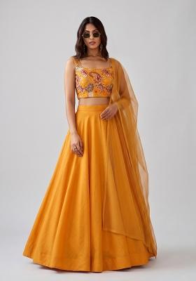 Mustard Yellow Printed Crepe Lehenga Set
